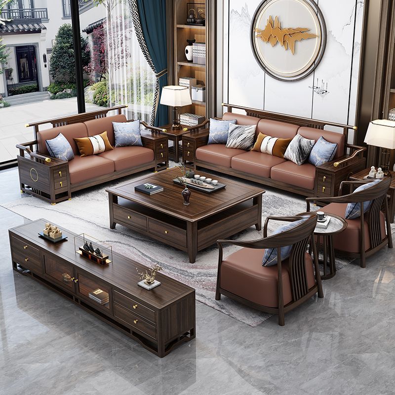 New Chinese Style Black Gold Wood Solid Wood Sofa Living Room Furniture Light Luxury Villa Living Room Sofa Combination Full Set of Furniture