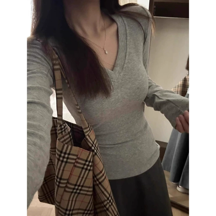 Женственная блуза с длинным рукавом, V-образный вырез, Slim Fit, осень, размеры S–XL, черный/серый/белый