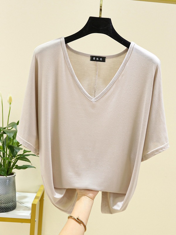 Modal T-Shirt for Women, Summer Short-Sleeve Stylish Loose Fit Slimming Versatile V-Neck Top Casual Blouse Inner Layer Base Shirt