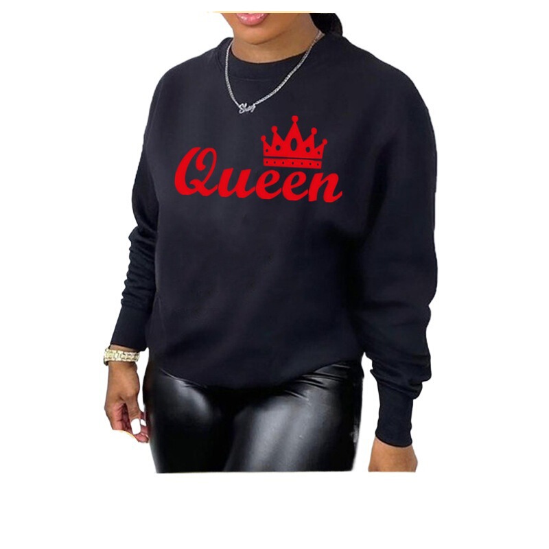 Foreign Trade Autumn and Winter New European and American Clothing Queen Letter Printed Long-Sleeved Round Neck Casual Loose Sweatshirt