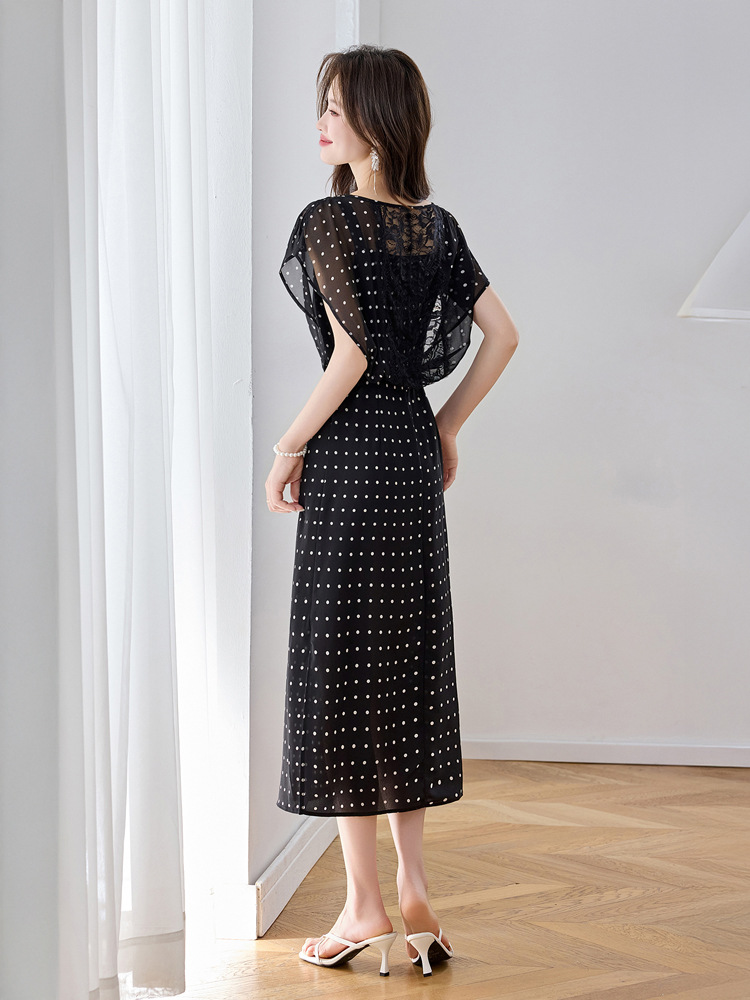 Đầm maxi nữ thắt eo thiết kế tân cổ điển cao cấp — màu đen, Chấm tròn