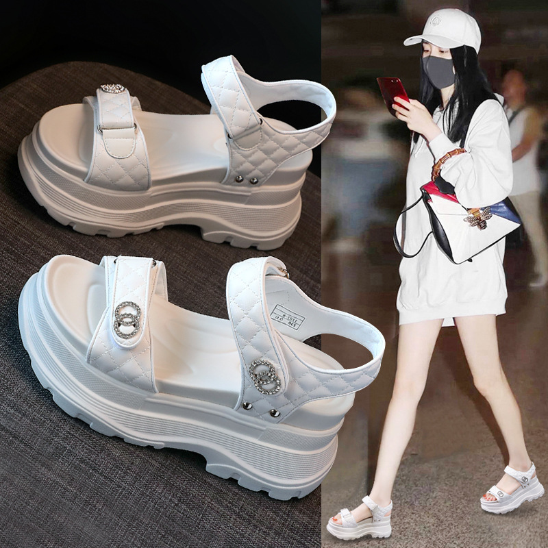 Women's Summer Sandals for Outdoor Wear, Fairy Style, 2025 New Model, Super Popular, Thick-Soled, Versatile, 8cm Height Increase, Rhinestone High Heels