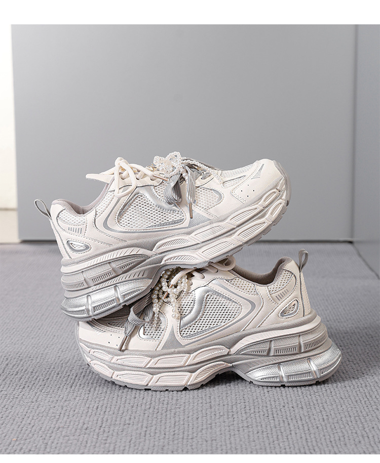Giày sneaker nữ chunky đế dày 7,8cm mặt lưới thoáng khí dây ngọc trai — KD29E Màu be chi tiết 21