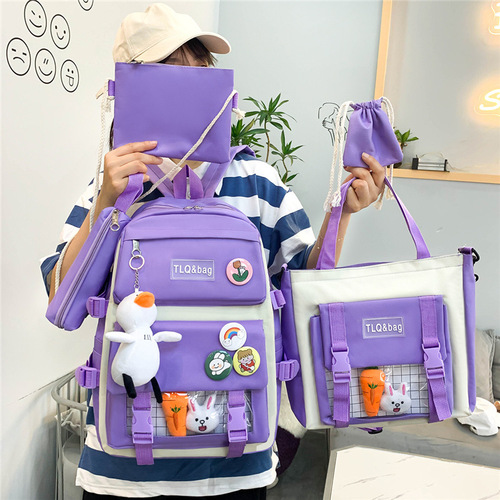 Junior high school student school bag female new Korean version Harajuku style large capacity five-piece set student backpack casual student backpack