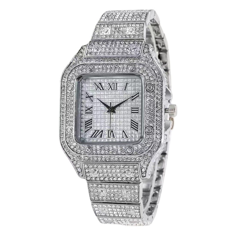 Reloj cuadrado transfronterizo correa de acero estrellado Reloj de cuarzo de moda estrellado escala romana de hombres europeos y americanos incrustados en diamantes