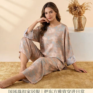 人棉贡缎偏襟圆领睡衣套装女国风妈妈装夏季薄款家居服长袖套装