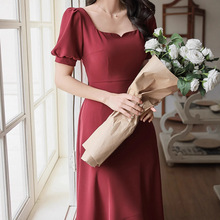 定制跨境款女士 复古优雅泡泡短袖方领收腰舒适 显瘦显高酒红色连