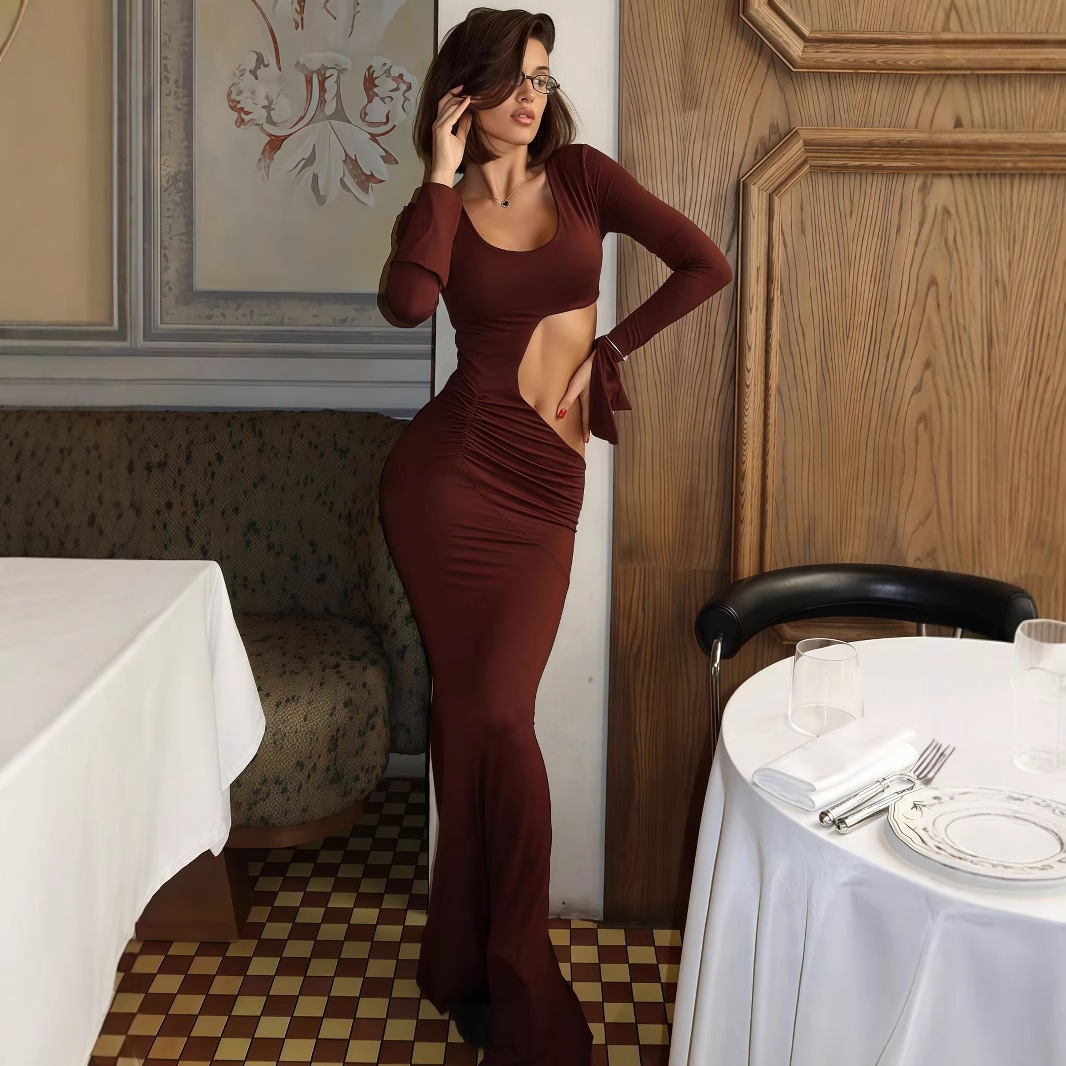Women Fashion Elegant Sexy Hollow Out Slim Fit U Neck Long Sleeve Bodycon Party Evening Cocktail Dress_ecoleips.com