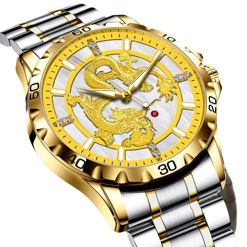 Đồng hồ nam automatic lộ máy dây thép vàng mặt trong suốt — Dây thép vàng vỏ vàng rồng 8982 (không xoay được hạt)