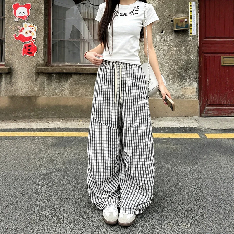 Black Plaid Bubble Gauze Curved Hem Pants for Men and Women, Summer American-Style Patchwork Elastic Waist Loose Drape Wide-Leg Long Pants