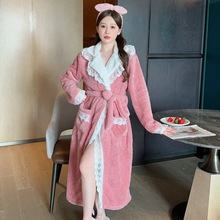 实拍秋冬睡袍女法兰绒加厚睡衣外袍珊瑚绒保暖晨袍蕾丝法式公主风