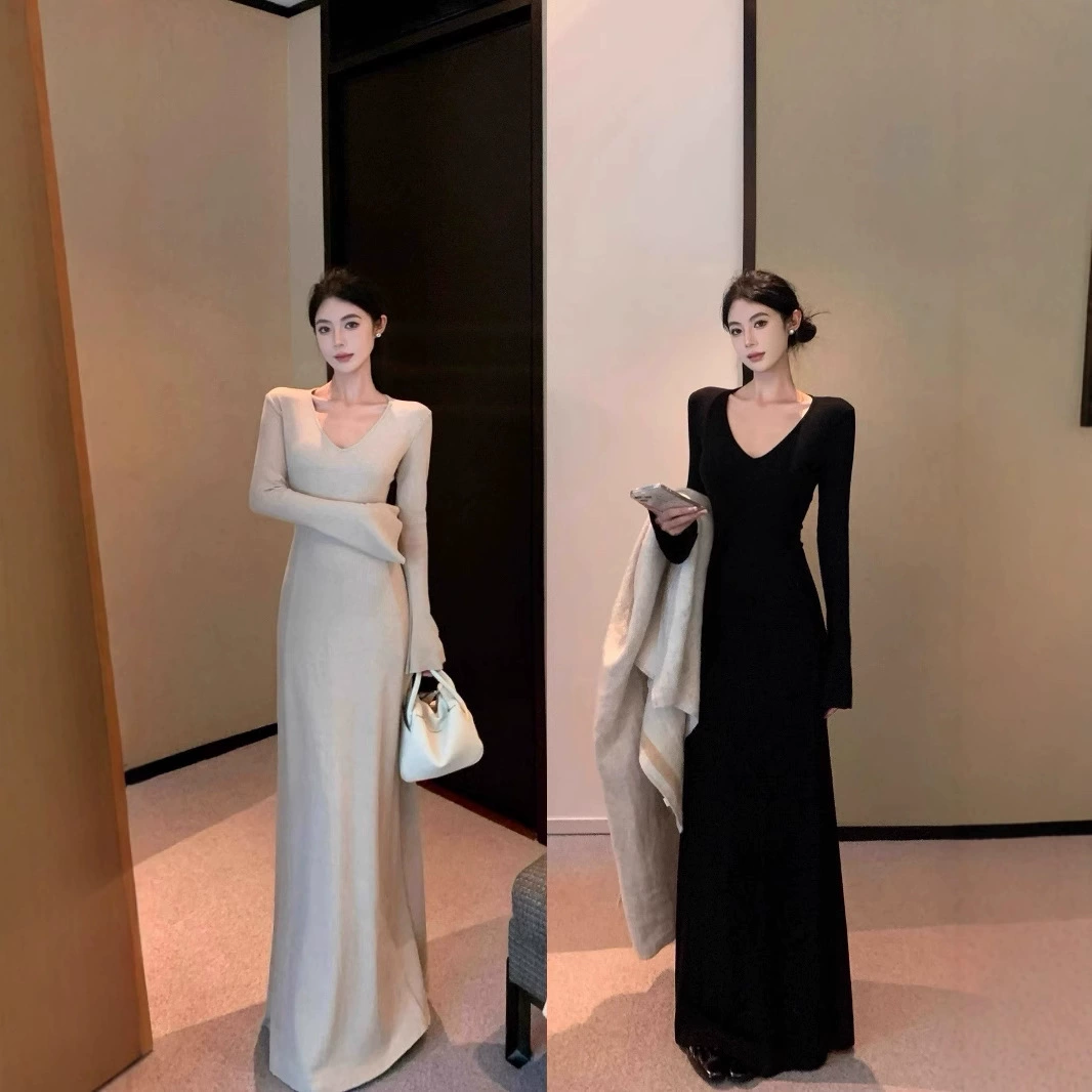 Женское трикотажное платье с французским v-образным вырезом и рукавами-колокольчиками с ароматом чая, зимняя элегантная юбка-рыбий хвост, длинная юбка, закрывающая талию