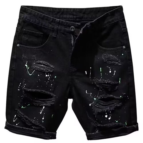 Chic Men's Casual Hole-punched Five-pocket Summer Versatile Slim Fit Rebel Black Denim Shorts