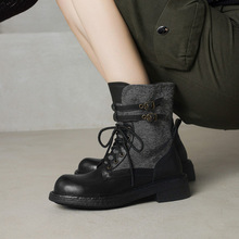 2025年秋冬季厚底侧拉链短靴女鞋拼接时装靴前系带马丁靴小皮靴