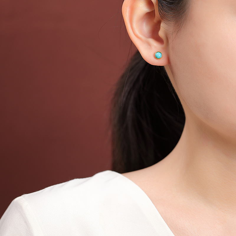 Bông tai bạc S925 mạ vàng đính đá ngọc lam hình học tròn nhỏ — Một cặp