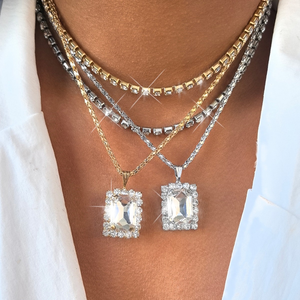 Iron Chain Material Tennis Chain Chain Type Retro Rectangle Rhinestones Iron Tennis Chain Pendant Necklaces Wholesale