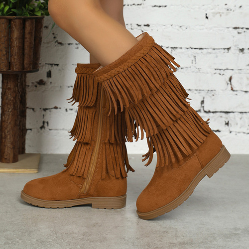 Korean Style Fringe Over-the-Knee Boot with Faux Fur Round Toe and Invisible Platform, Not Over the Knee Slip-On Women's Boots