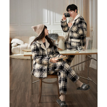 情侣睡衣冬季女珊瑚绒三层夹棉超加厚男士格子棉服家居服