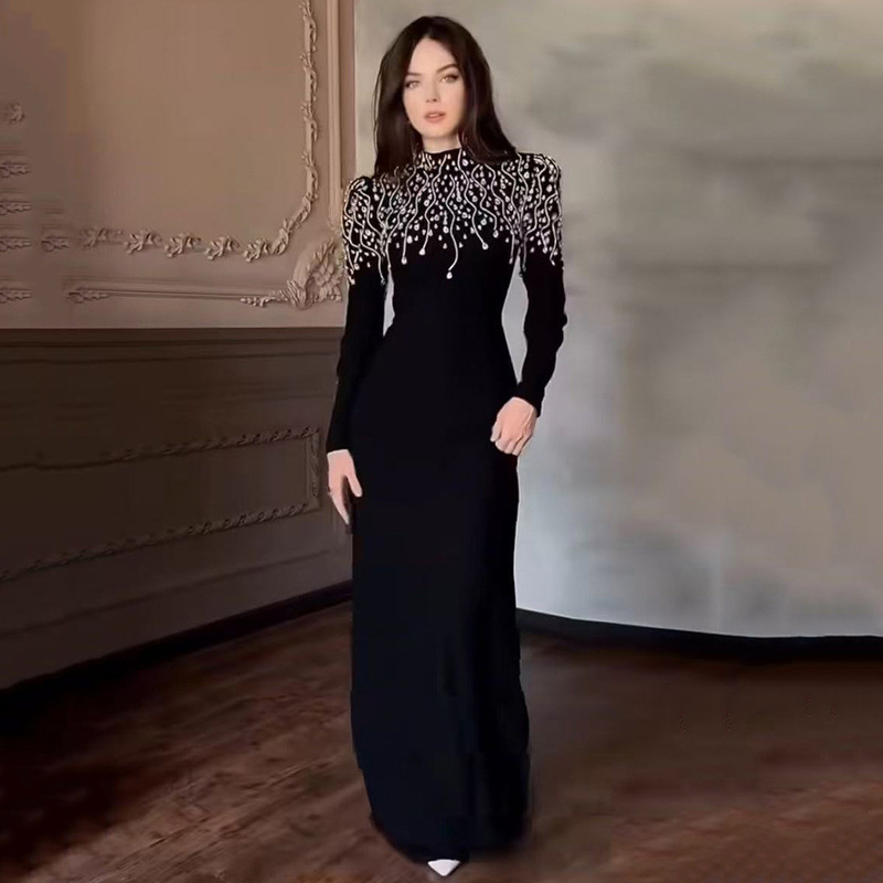 Cross-Border European and American New Heavy-Duty Diamond-Encrusted Long-Sleeved Bandage Dress Banquet Party Evening Dress Party Long
