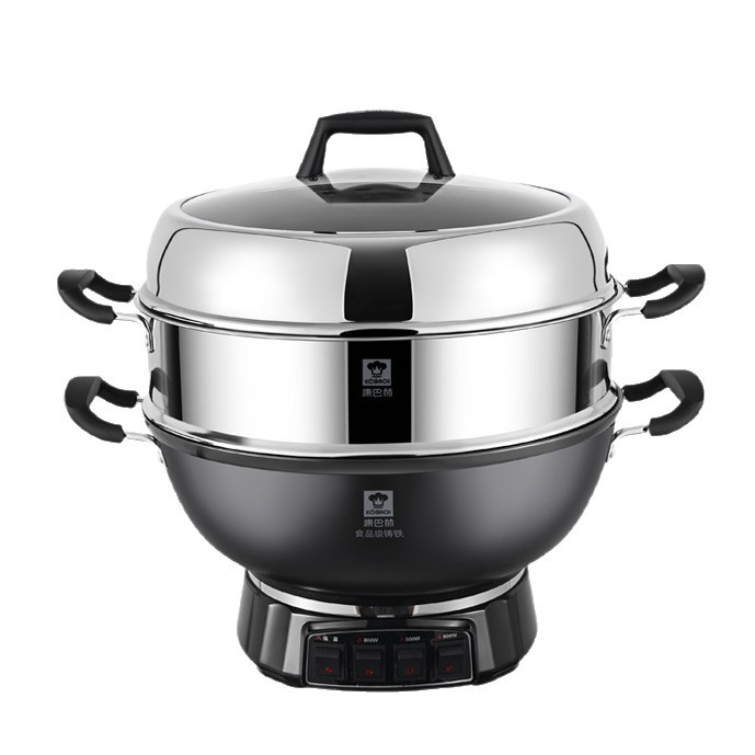 Wok eléctrico Kangbach, olla eléctrica multifuncional de hierro fundido para el hogar, para saltear, cocinar al vapor, cocinar, freír y freír en aceite, todo en uno, olla eléctrica enchufable.