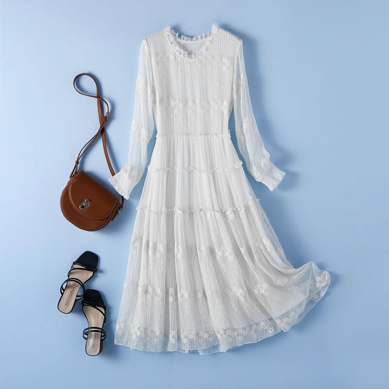 White Silk Dress Women's New Mulberry Silk Embroidery Elegant Long-sleeved Mid-length Dress for Holiday Beach 28046