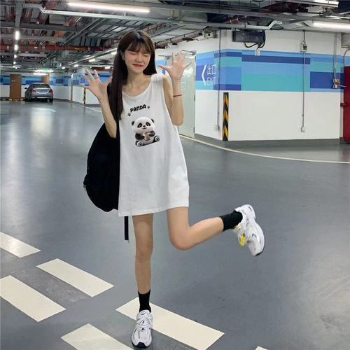 Women's Summer Pajama Set with Sleeveless Tank Top, Loose Cartoon T-shirt, Sweet Sleep Dress with Straps, Home Wear for Students