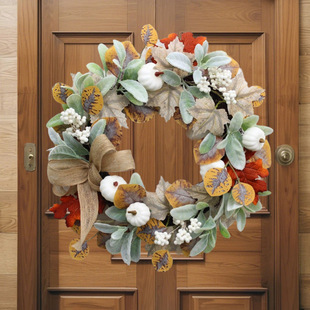 Autumn Colorful Autumn Leaves with White Pumpkin Berries Hand-Woven Hemp Bow Decorative Garland