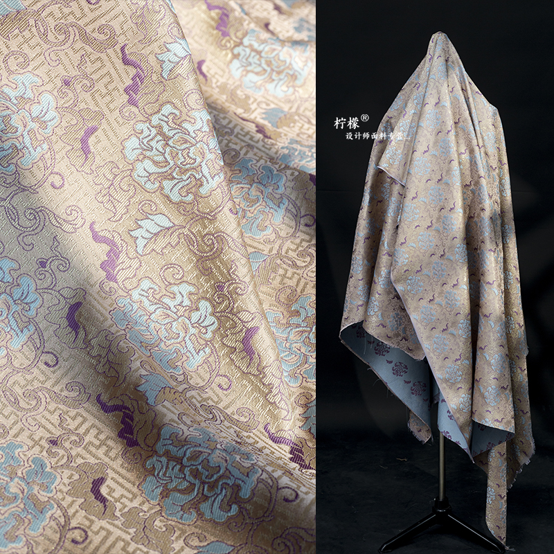 新中式回纹牡丹仿宋锦面料人丝混纺提花布料外套旗袍国风汉服面料