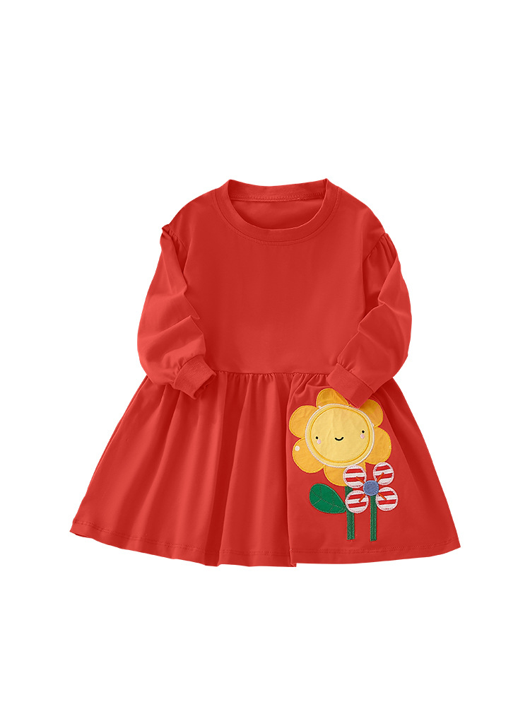 En stock malwee niñas falda otoño nuevo europeo y americano de los niños ropa estilo occidental rojo cuello redondo manga larga que basa vestido