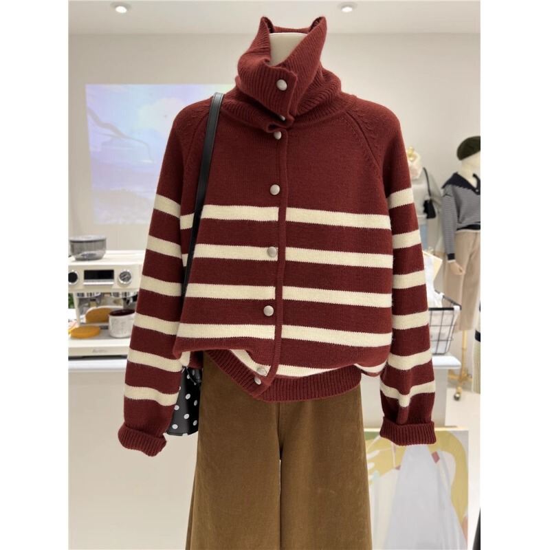 Custom Factory Popular Women's High-End European Style Ancora Red Sweater Autumn and Winter Warm Stand Collar Knit Cardigan