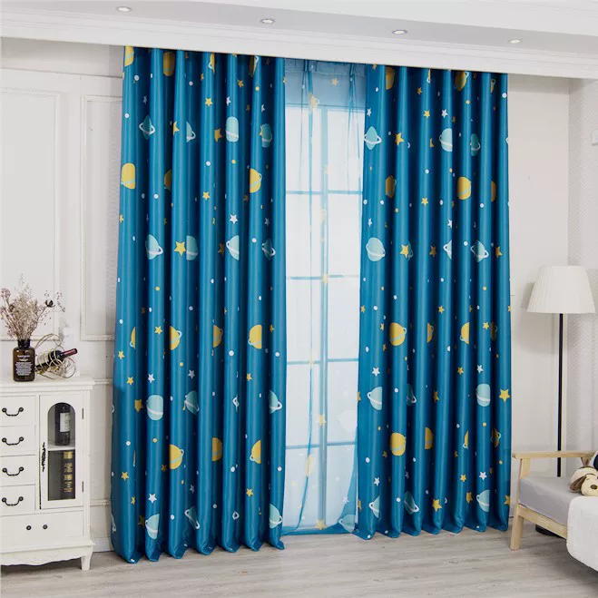 Curtain Fabric Blue Planet Print, Black-silk Blackout, Printed Per Meter for Living Room & Bedroom