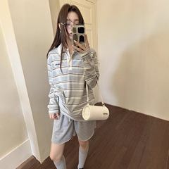 mi u长袖polo衫海盐拿铁配色T恤女25早秋8月新品清新减龄条纹上衣