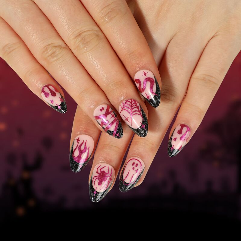 Wear Nail Art Halloween Black French Nail Patch Glitter Purple Flame Spider Nail Spider Web Star Snake Wear Nail Art Halloween Black French Nail Patch Glitter Purple Flame Spider Nail Spider Web Star Snake