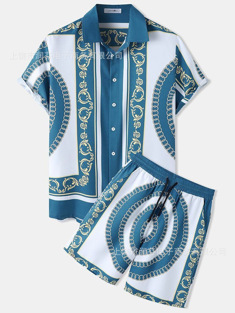 2026 viaje transfronterizo de vacaciones de viento camisa set hombre verano suelto transpirable dos piezas set mar ocio versátil
