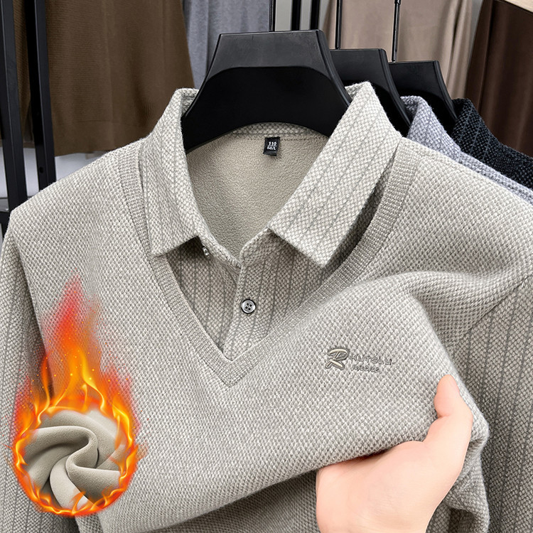 Winter New Men's Fleece-Lined Thickened Faux Two-Piece Chenille Sweater Shirt Collar Fashion Warm Base Shirt Wholesale