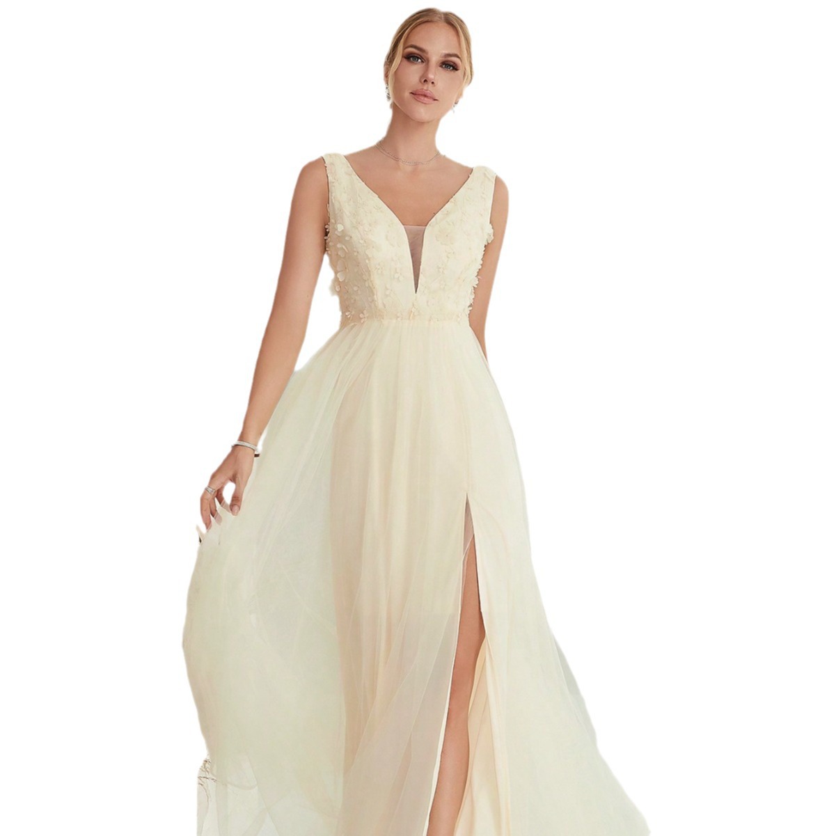 Vestido de noche, nuevo estilo, estilo Amazon, sexy, con cuello en V, sin mangas, de encaje, vestido de novia, TikTok