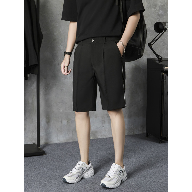 Summer Black Shorts for Men, Ice Silk Thin Style, Loose Straight Fit, Casual Five-Point Suit Pants for Men