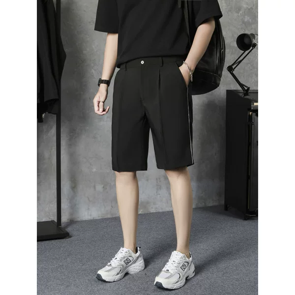 Summer Black Shorts for Men, Ice Silk Thin Style, Loose Straight Fit, Casual Five-Point Suit Pants for Men