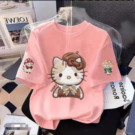 俏妮卡女童短袖T恤春夏季kikt猫T恤女休闲百搭圆领上衣中小童半袖