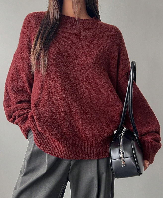 韓国風のシンプルなプルオーバーセーター、女性用ラウンドネックセーター、秋冬の新しいスタイル、ゆったりと多用途、レイジースタイルの無地トップストレンディ|undefined