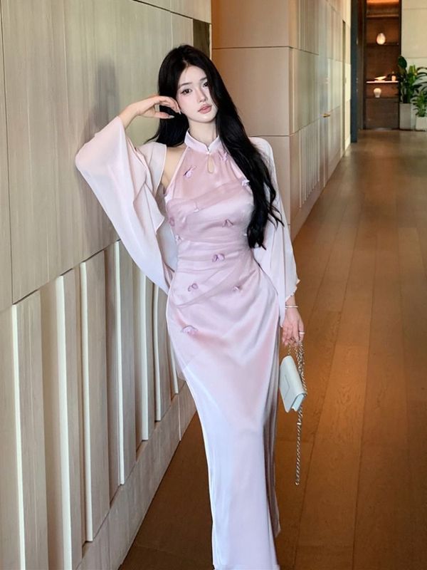 新中式轻国风粉色改良旗袍无袖连衣裙女夏季年轻款纯欲包臀长裙子|undefined
