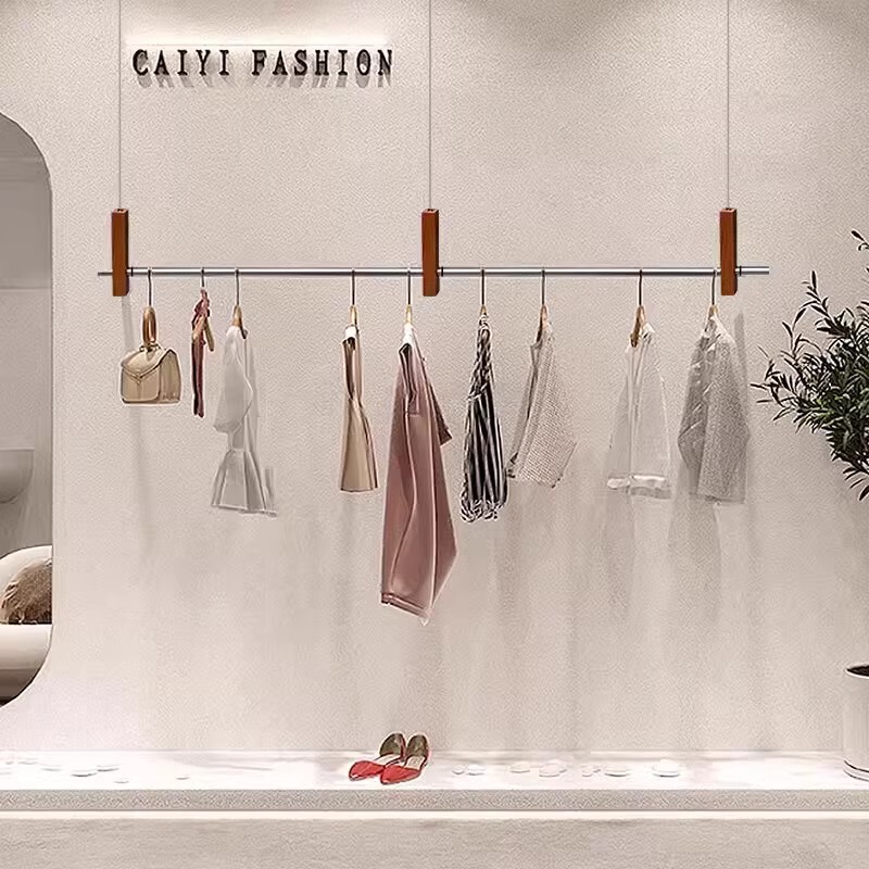 Clothing Store Display Rack Stainless Steel Clothes Hanger Hanging Rack Wood Grain Color Physical Store Decoration Wedding Dress Buyer Store Hoist Clothing Store Display Rack Stainless Steel Clothes Hanger Hanging Rack Wood Grain Color Physical Store Decoration Wedding Dress Buyer Store Hoist