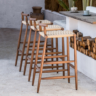 Outdoor Teak Bar Chair Courtyard Model Room Outdoor Restaurant Open-Air Balcony Bar Chair Designer Rattan High Stool