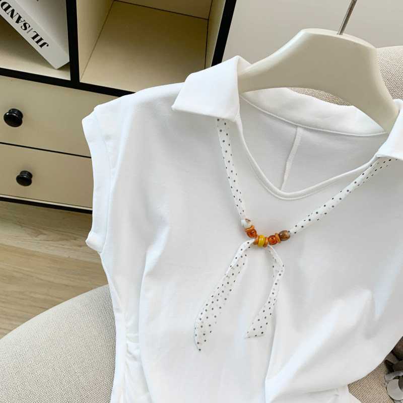 Áo thun polo nữ tay ngắn cổ bẻ kèm khăn lụa phong cách Pháp — màu trắng chi tiết 12
