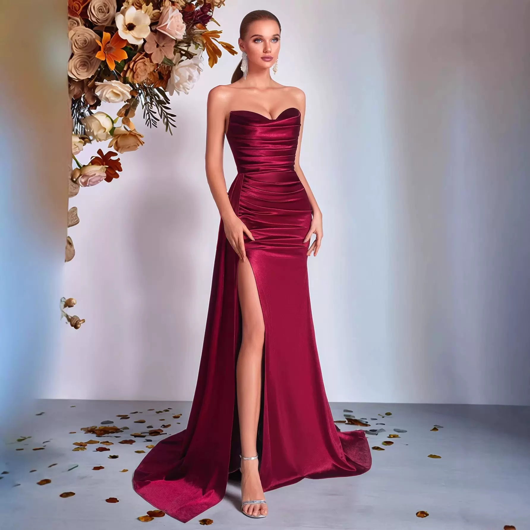 新款高端轻奢抹胸收腰鱼尾晚礼服酒红色缎面开叉拖尾新娘敬酒服