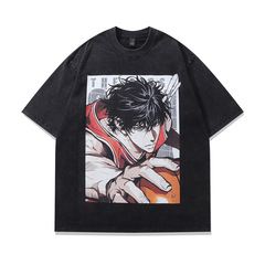 TKPA Japanese cartoon print hiphop heavy wash old short-sleeved T-shirt for men and women hip-hop retro half-sleeved tee