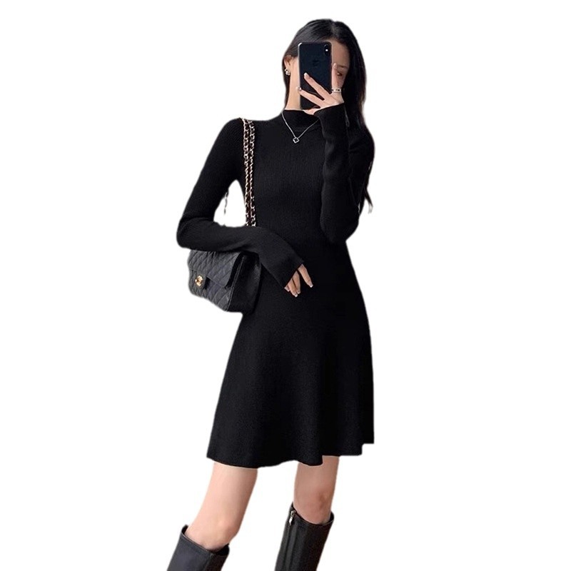 Elegant demi-season black base knitted dress