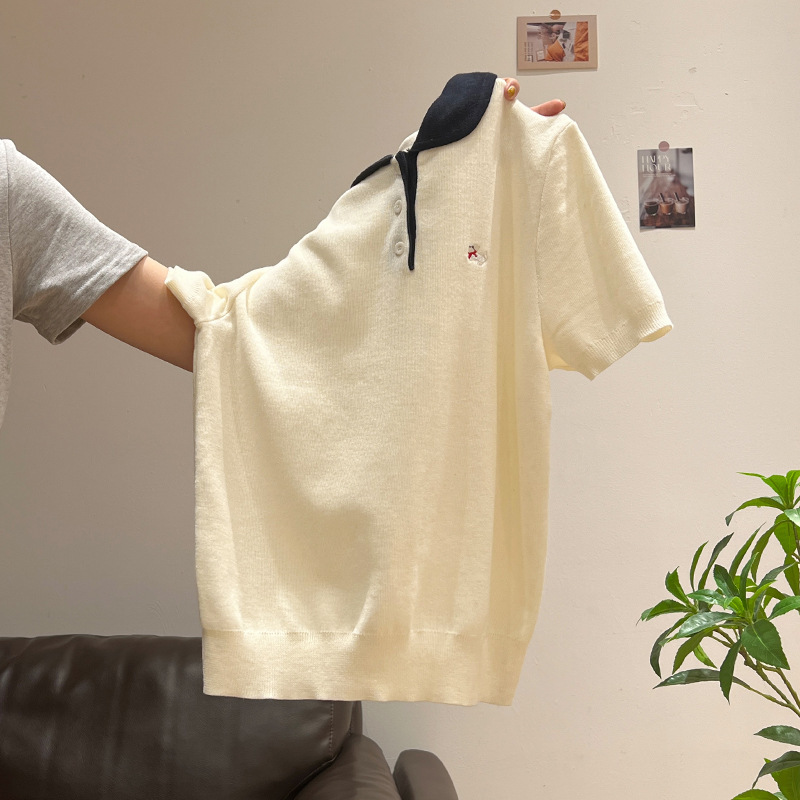 刺繍ポロカラーセーターレディース夏新作ボタンプルオーバー右肩半袖トップ|undefined