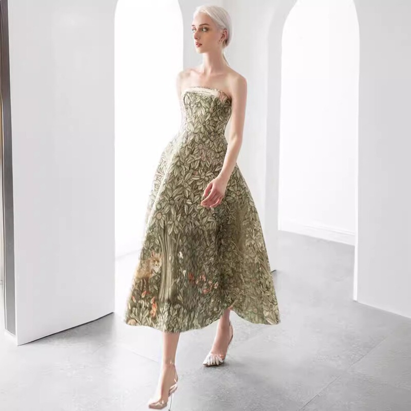 Vietnamese Niche Green Fairyland Style Spaghetti Strap Evening Gown with a Large Hem and Slimming Effect Dress 21001