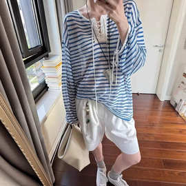慵懒风蓝色条纹v领冰丝薄纱防晒罩衫女夏吊带外搭针织空调衫上衣